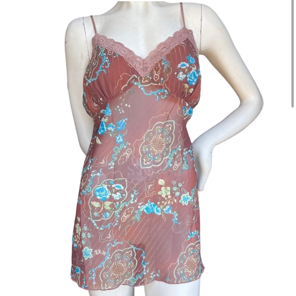 Y2K Brown and Blue Sheer Lace Trim Floral and Paisley Print Camisole | Size XL